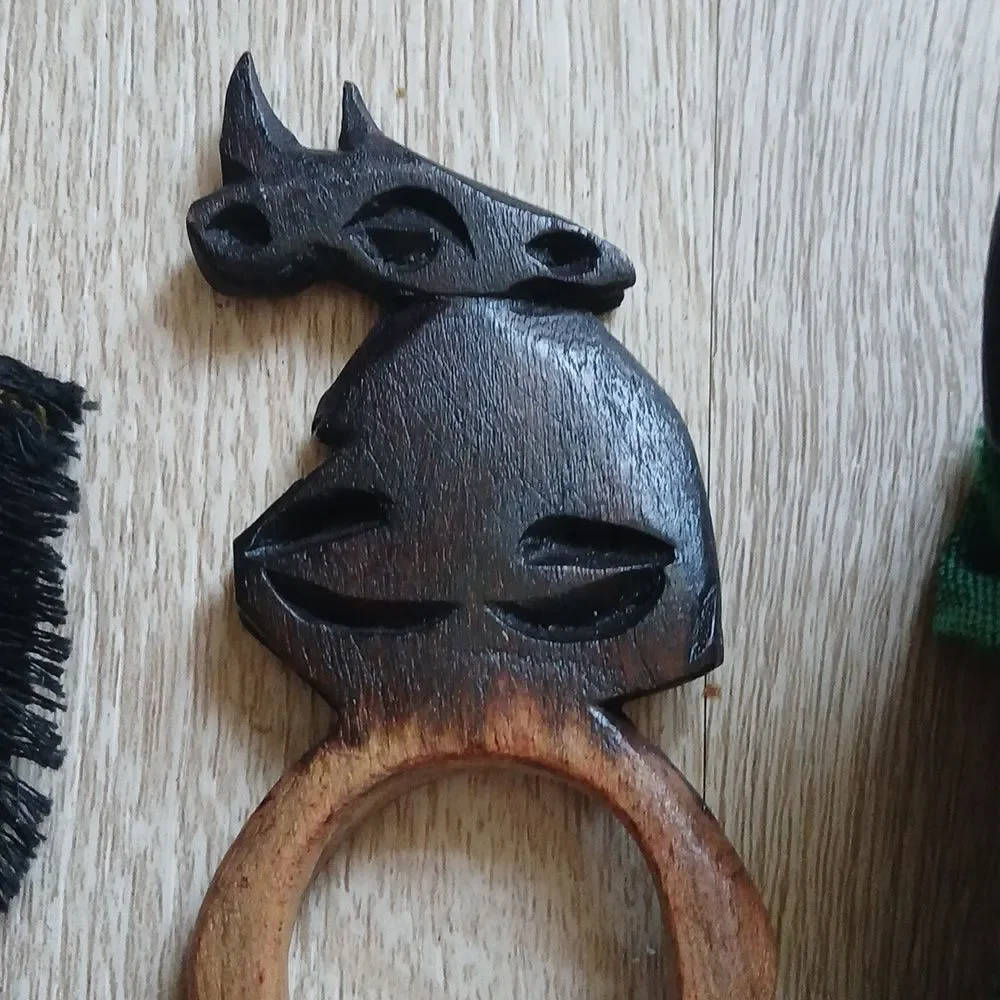 Vintage 80's Hand Carved Napkin Rings Wood Polished Artisan Ethnic Rhino Animals